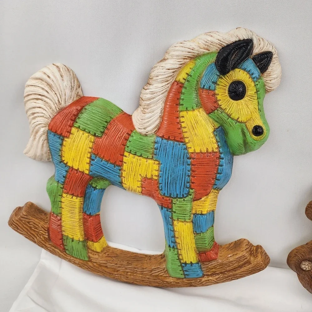 Vtg Syroco Foam Craft Patchwork‎ Rocking Horse Teddy Bear, Nursery Wall Baby